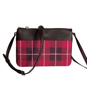 Kate spade Triple Gusset Plaid Print Crossbody Bag in Bright Rose Multi
